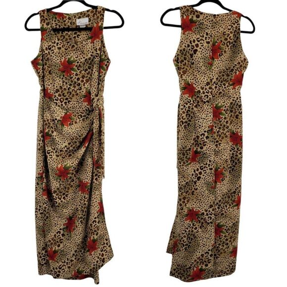 Vintage Tan Leopard Red Lily Print Sleeveless Mock Side Tie Hostess Dress Sz M - Picture 1 of 14